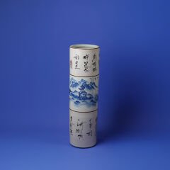 DEKORATİF SANATÇI İŞİ UZAK DOĞU TEMALI DEV BOY MAVİ BEYAZ PORSELEN TABAK VE ÇİFT VAZO